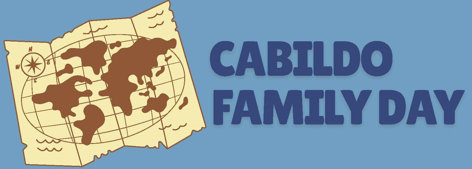 A graphic on a light blue background featuring a parchment-style world map with a compass rose on the left and large dark blue text reading “Cabildo Family Day” on the right.