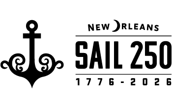 Logo for Sail 250 New Orleans, showing the silhouette of a tall ship above bold text reading “Sail 250 New Orleans.” The design celebrates the city’s participation in the America 250 tall ships event.