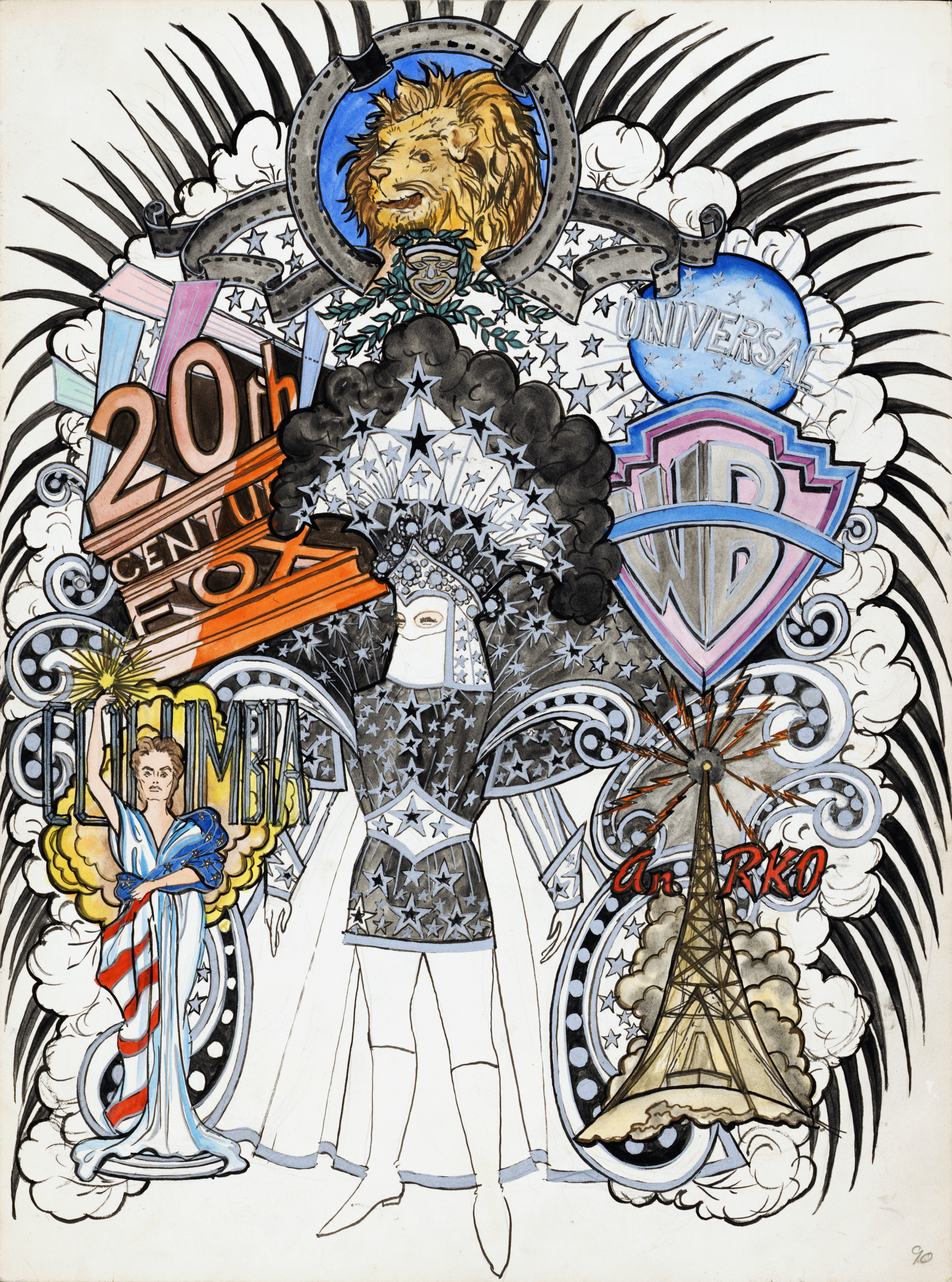 Costume sketch by designer Sans Nicholas, which features an elaborate Hollywood themed Captain's costume worn by the Krewe of Endymion (1990)