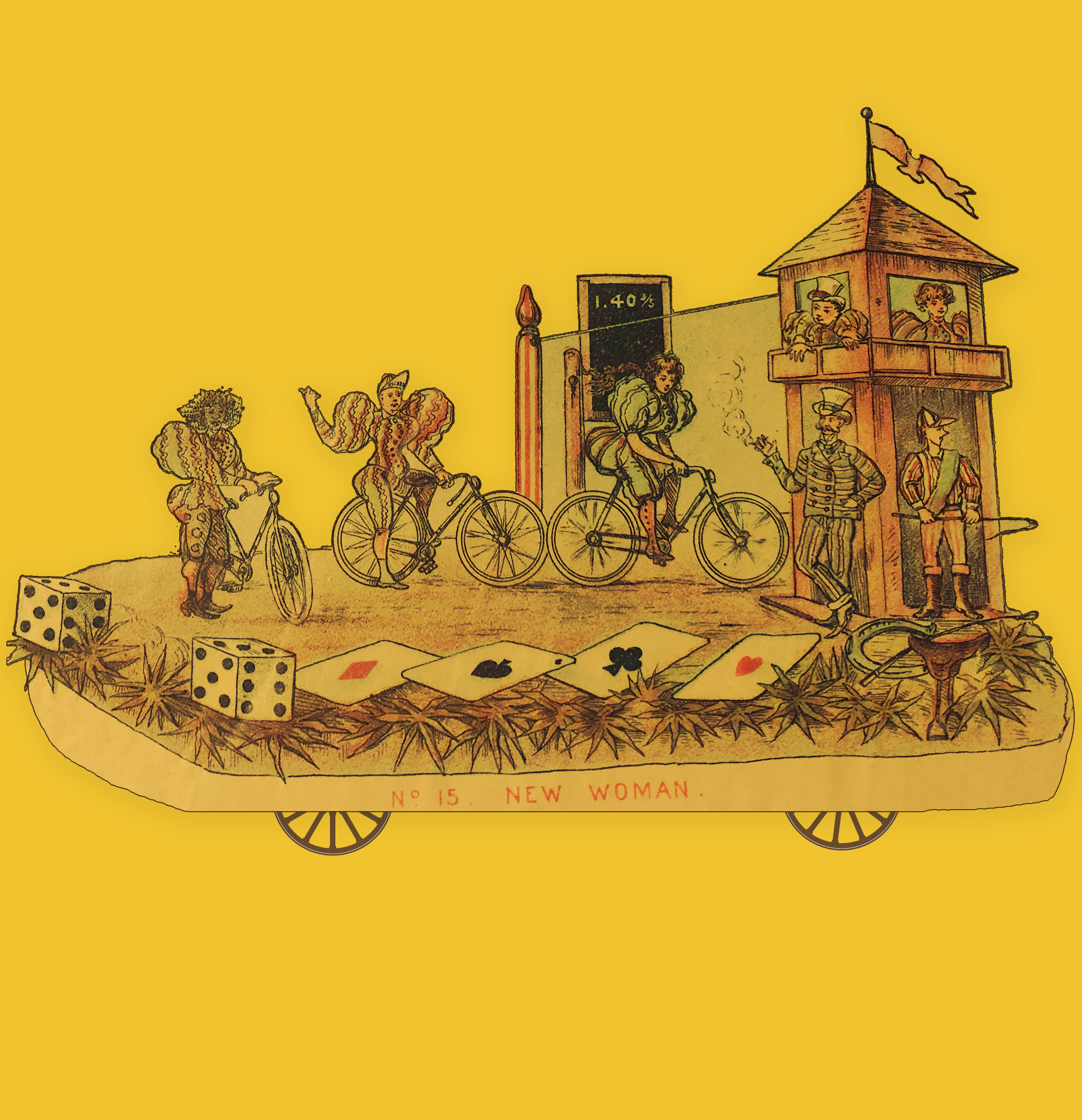 The Phunny Phorty Phellows' parade bulletin illustration from the parade entitled “Who Will Wear the Breeches" ca 1896