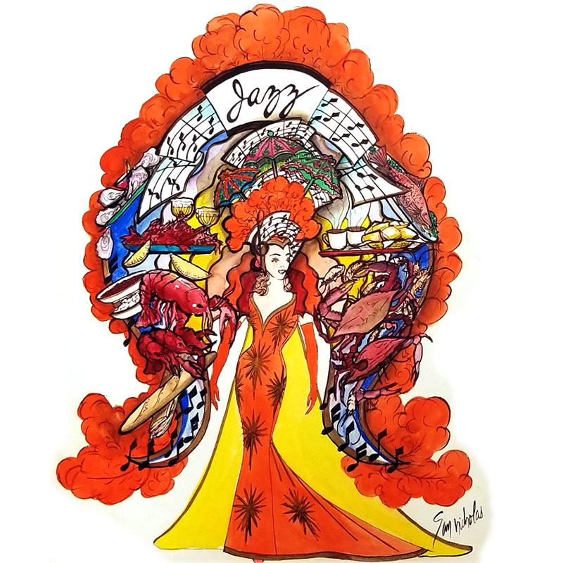 Jazz themed San Nicholas' costume illustration for the Krewe of Endymion, 1988