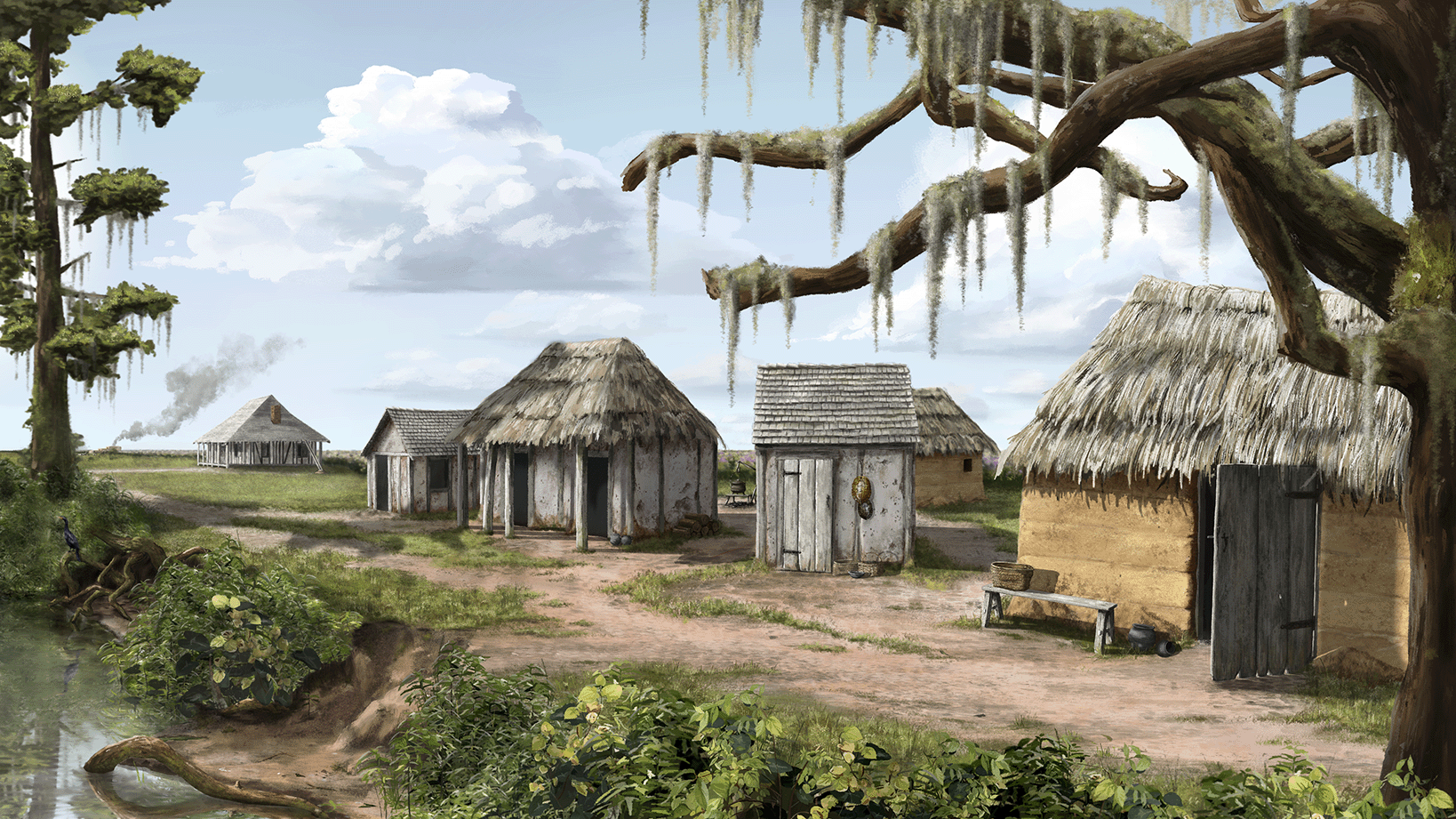 Cane River Reconstruction: An illustrated recreation of the Cane River and Metoyer homesite as it would have appeared during the late colonial period in the Cane River region of Natchitoches, Louisiana. This detailed rendering, created by the University College London Museum Studies Program, is based on GIS mapping and archaeological excavations of the present-day site, offering a glimpse into the landscape and architecture of this historically significant area.