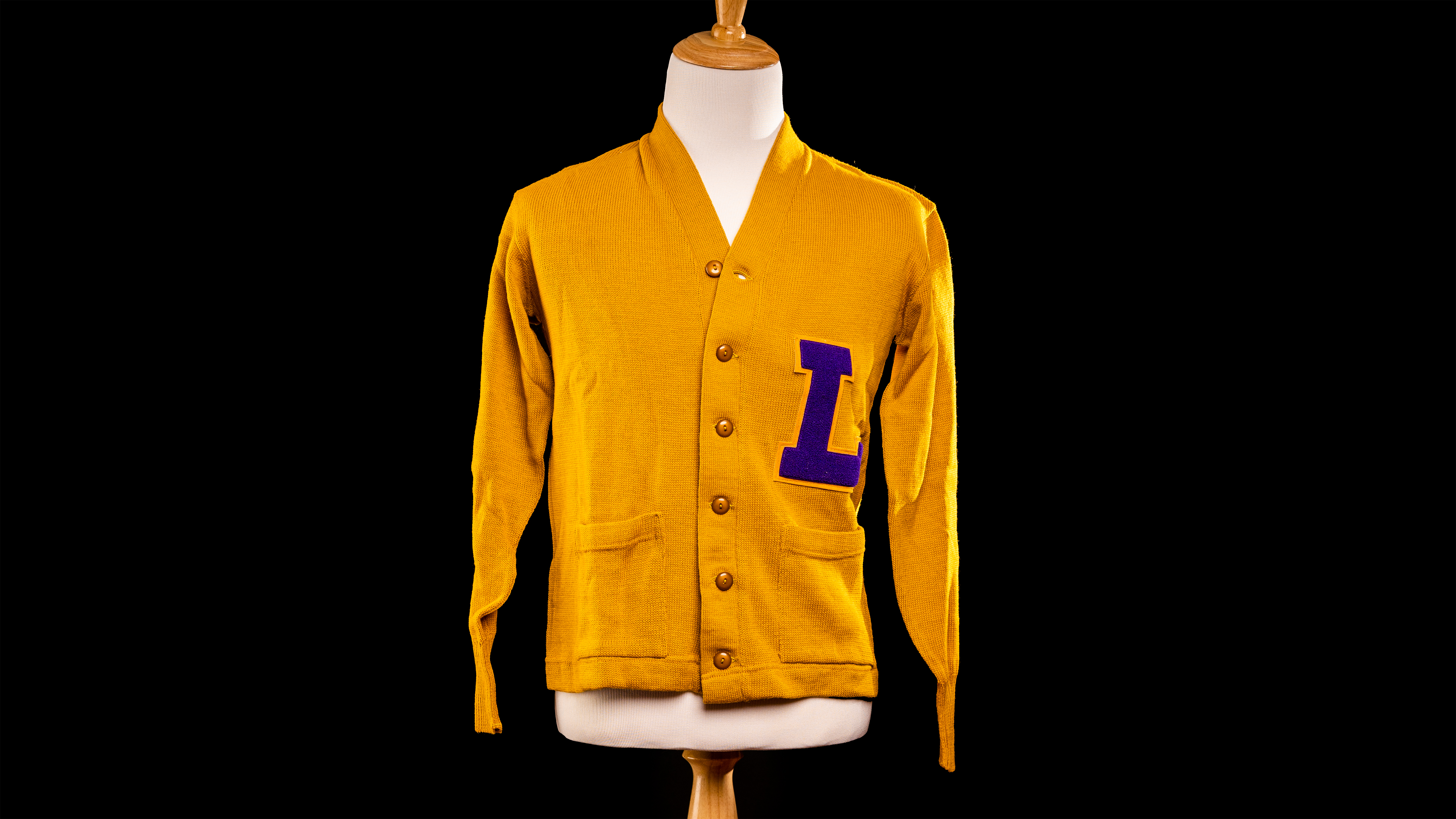 LSU letter sweater Lamb Knit-Goods Co., ca. 1958 Wool Loaned by the Cannon Family and the Billy Cannon Sports Memorabilia Trust Photo credit: Courtesy of Bunnie Cannon