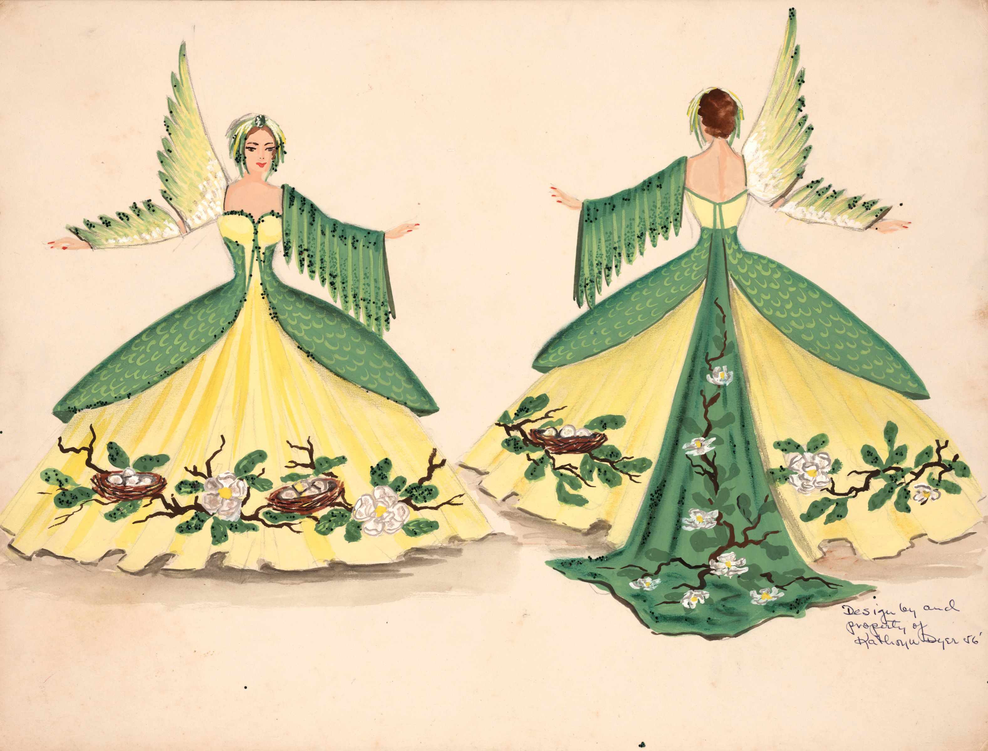 Costume design for Maid in the Krewe of Venus, 1957, depicting “Bachman’s Warbler,” designed by Kathryn Dyer