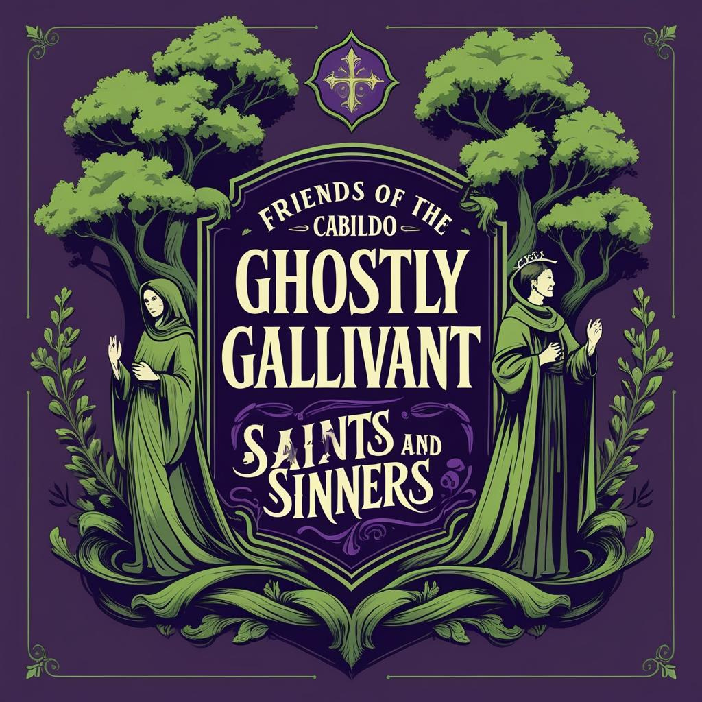 Illustrated poster for “Friends of the Cabildo Ghostly Gallivant: Saints and Sinners.” The design features two robed, saint-like figures framed by green trees and ornate scrollwork on a dark purple background, with gothic-style lettering and decorative flourishes.