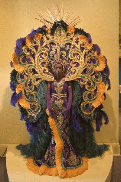 purple, gold, and green female Zulu costume (Mark J. Sindler/Louisiana State Museum)