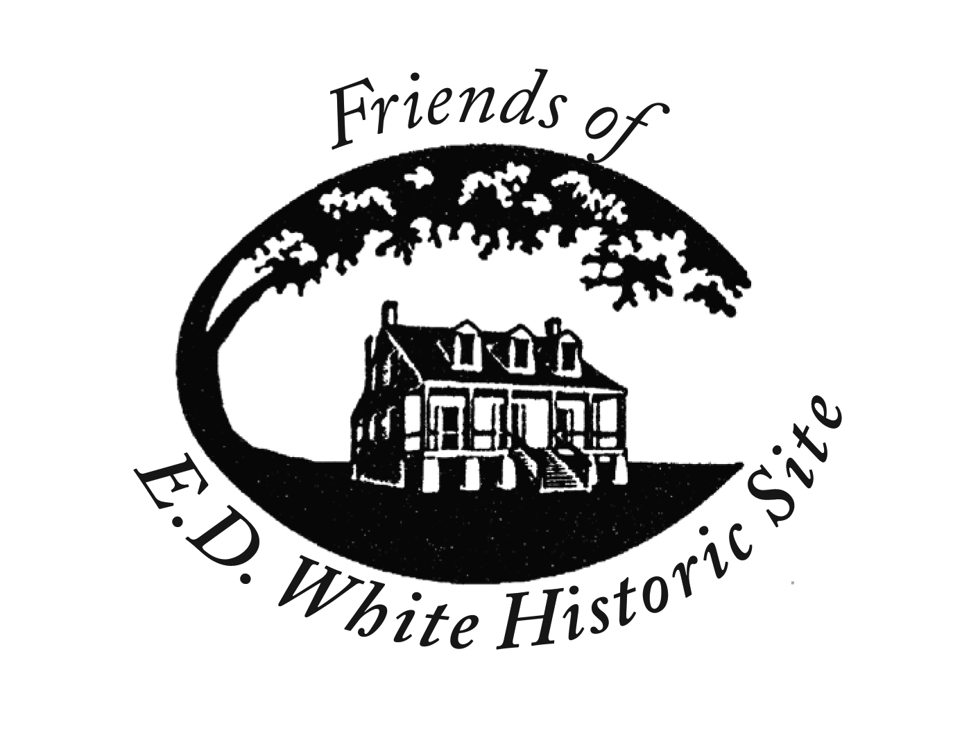 Black-and-white logo for the Friends of E.D. White Historic Site. The design shows a historic Louisiana plantation-style house framed beneath a large live oak tree, with the text “Friends of E.D. White Historic Site” curved around the image.