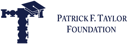 Patrick F. Taylor Foundation logo featuring a large stylized letter ‘T’ topped with a graduation cap, shown in navy blue, with the foundation’s name in serif text to the right.