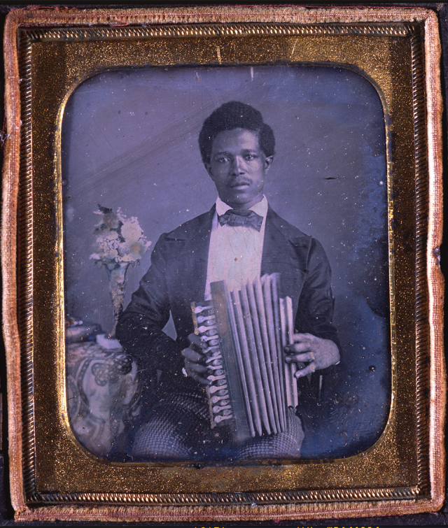 Man with accordion, unknown photographer, ca. 1855, daguerreotype, Louisiana State Museum 09952.3. Man with accordion, unknown photographer, ca. 1855, daguerreotype, Louisiana State Museum 09952.3.